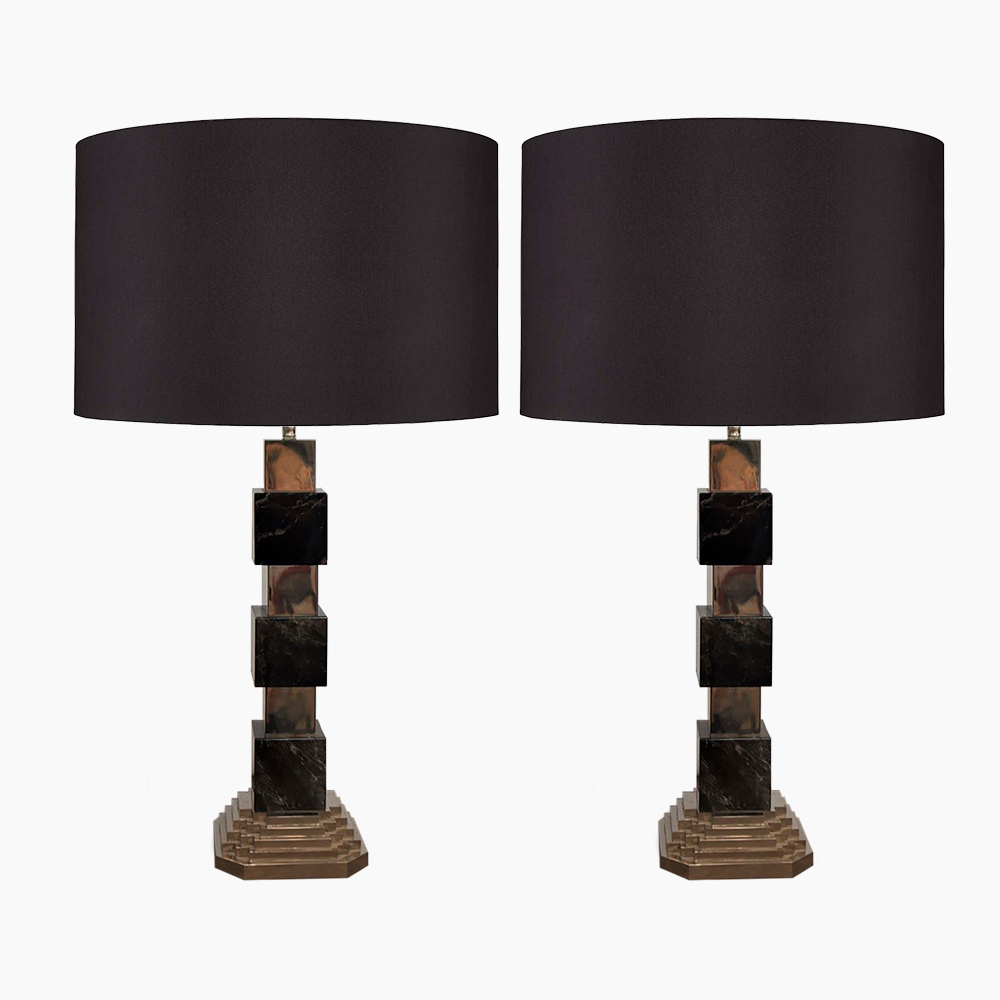 Black Rock Crystal Quartz Cubes and Brass Table Lamps - Lamptouch