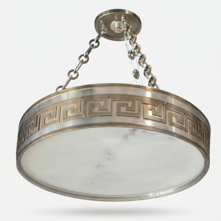 Greek Key Brass & Alabaster Pendant Chandelier – Classic Round Hanging Fixture with Chain Suspension